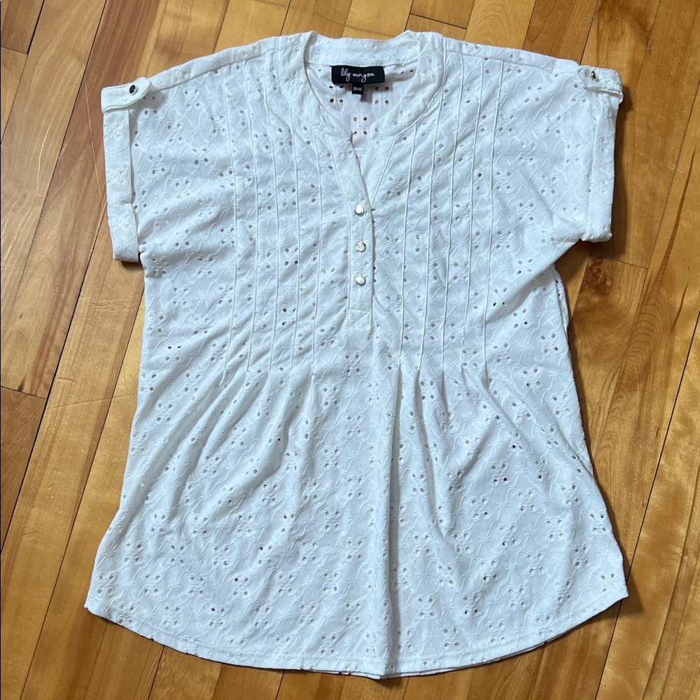 Lily Morgan White Eyelet Pintuck Henley (Short Sleeve)